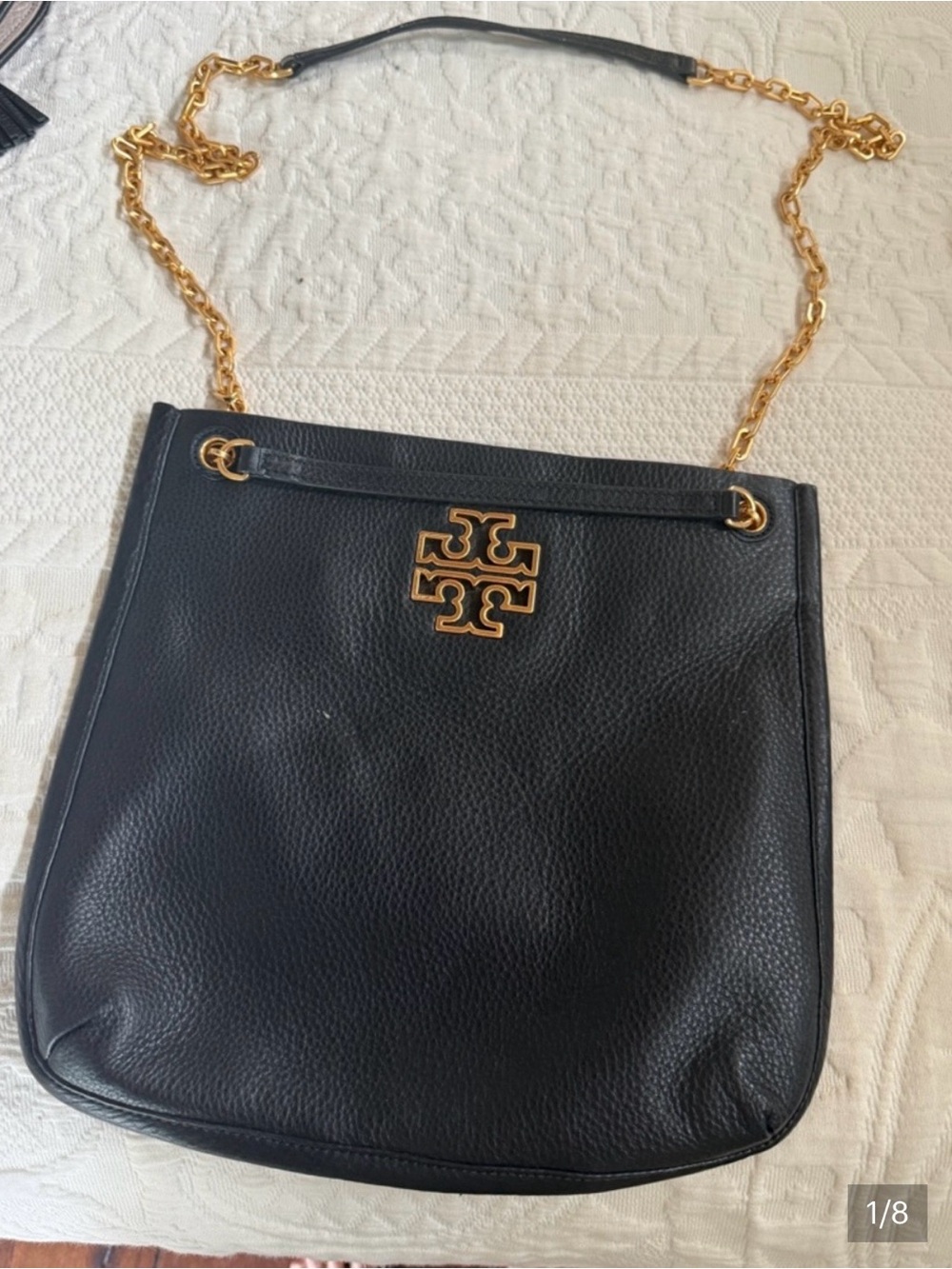 Tory Burch Black Pebbled Leather Shoulder Bag with Gold Chain
